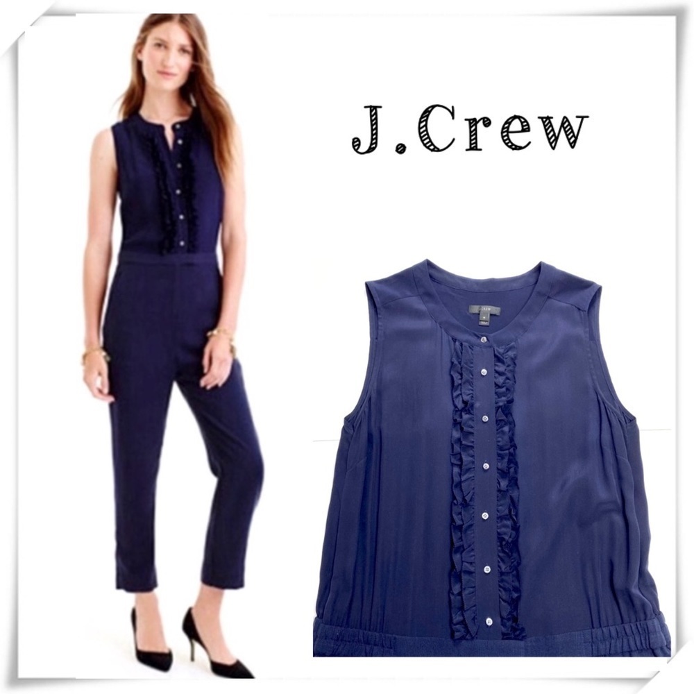 J.crew Silk Ruffle Front Jumpsuit in Navy Blue StyleF5571